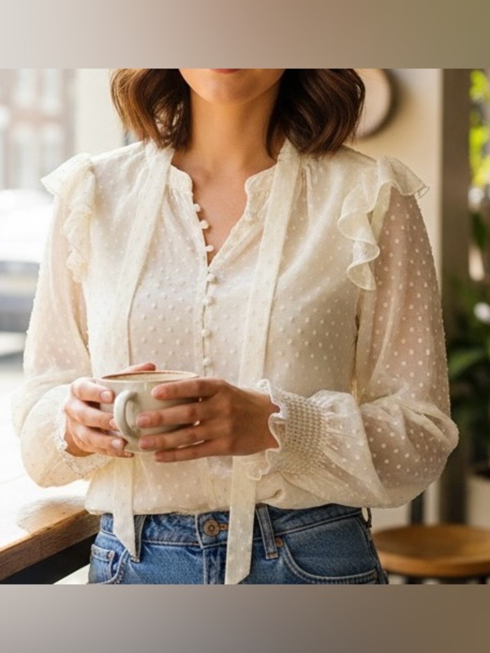Ivory Chiffon Swiss Dot Tie-Neck Blouse